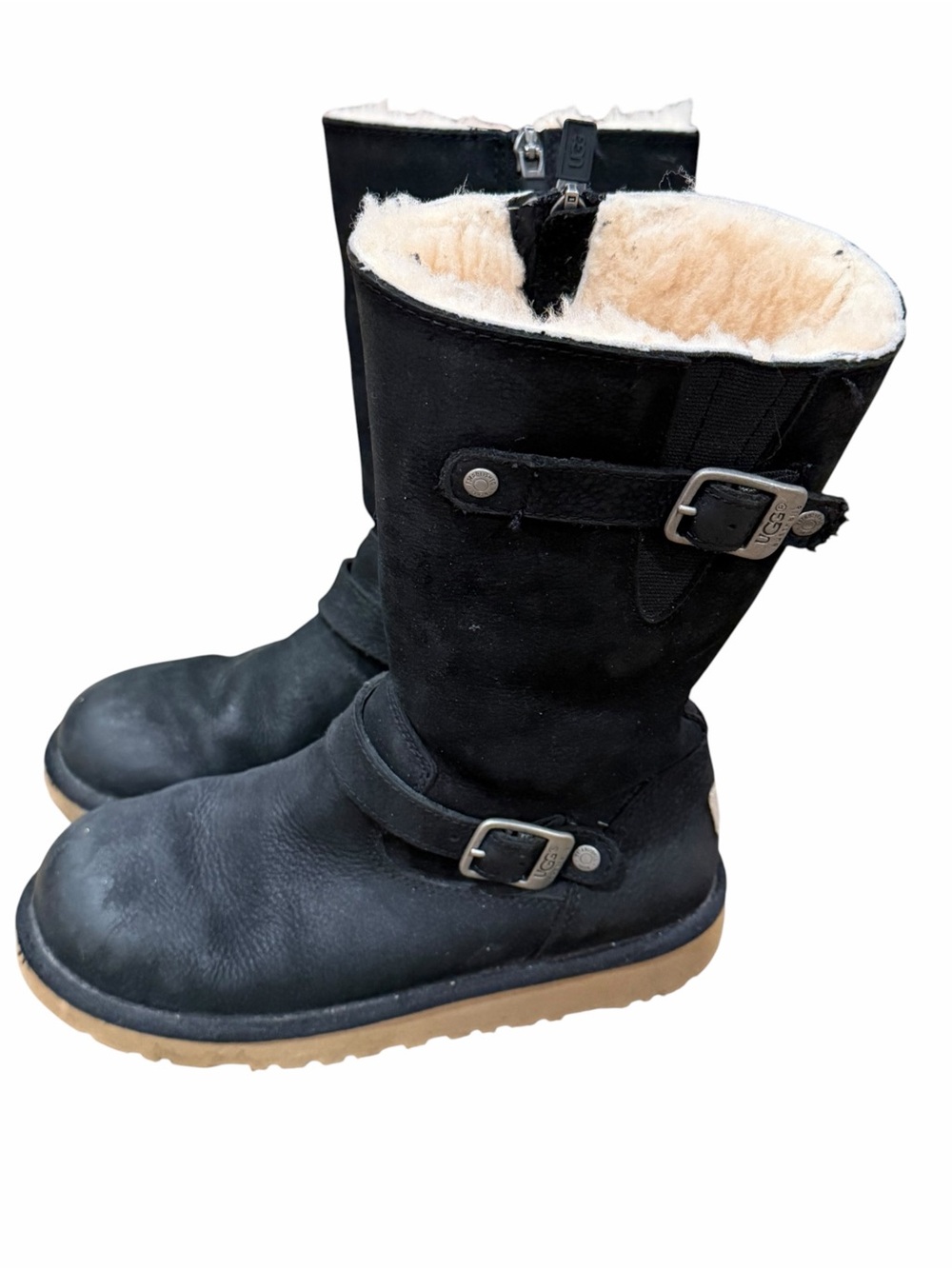 UGG, Black Suede Shearling-Lined Mid-Calf Boots with Buckle, Size 3